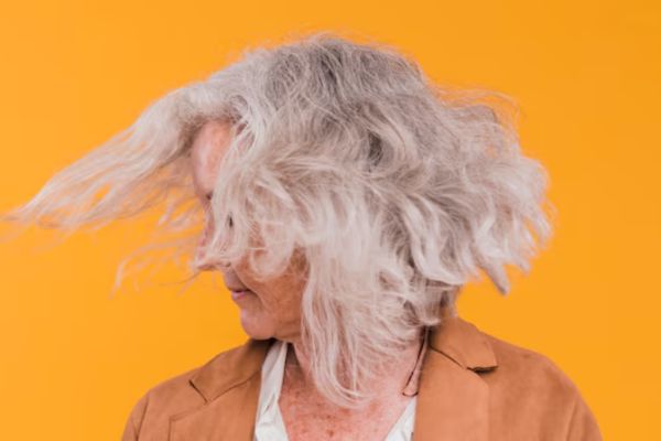 old woman shaking her Gray Messy Pixie Bob