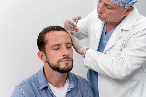 a doctor performing PRP treatment on a young man to grow hair