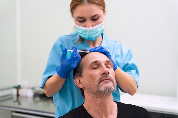 a physician performing PRP treatment in the office with a needle in the patient's scalp