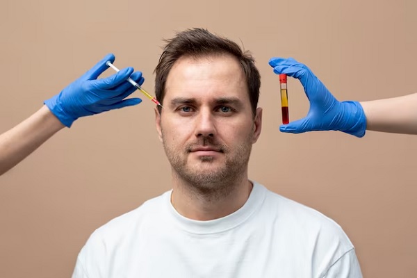 a man undergoing a PRP treatmnent with scalp injection and a bottle with blood sample