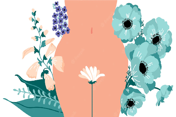 woman's intimate area and belly covered by flowers