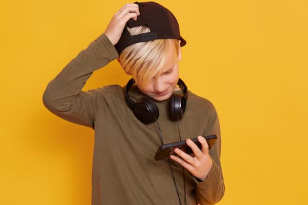 child looks down while wearing a cap and using a mobile phone