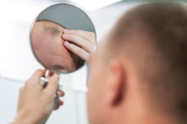 a man in pain after a hair transplant touching his scalp - dermatologist hair transplant