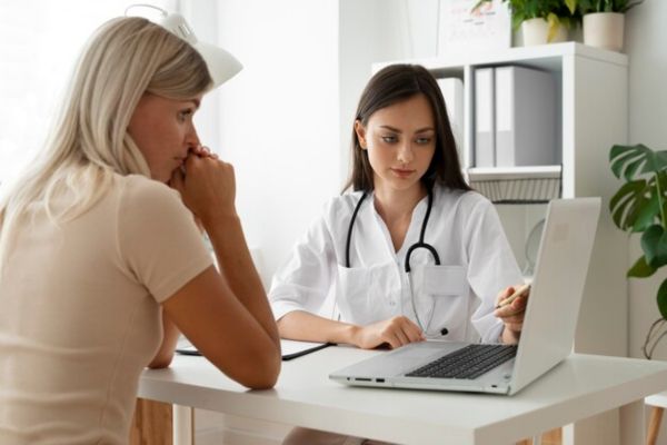 a woman in a doctor consulting for her alopecia