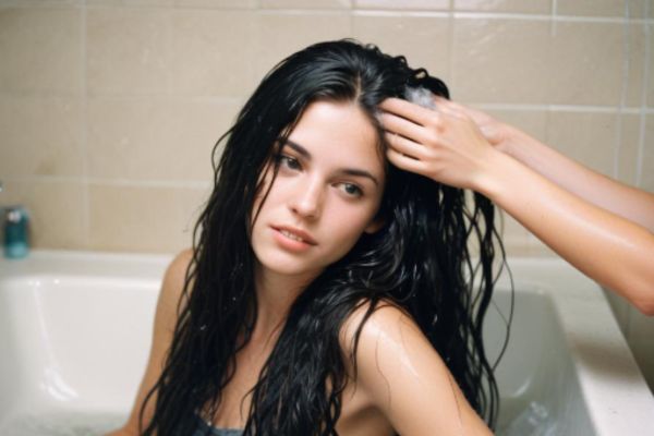 a woman in a bathtub having her hair washed