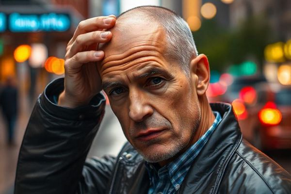 A middle-aged Caucasian man with early hair loss softly touching his balding head, standing on a city street during a rainy evening, with blurred lights from passing cars in the background.