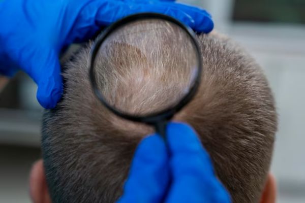 doctor looks at a patient's head with a magnifying glass before performing scalp massage