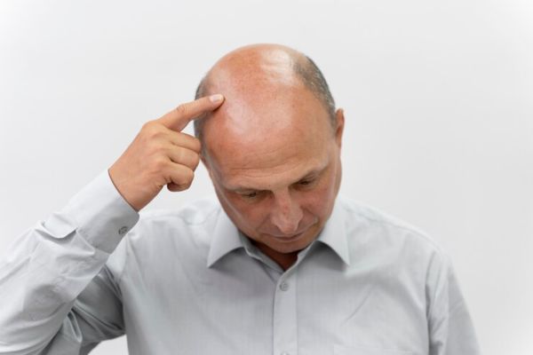a middle-aged man pointing at his scalp