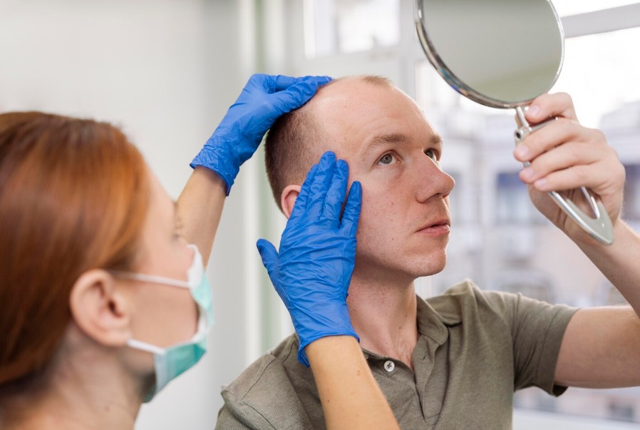 Adult male having balding problems and a doctor examining his hair