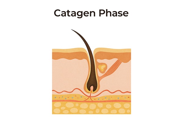 Medical illustration of the catagen phase showing a shrinking hair follicle and detached dermal papilla