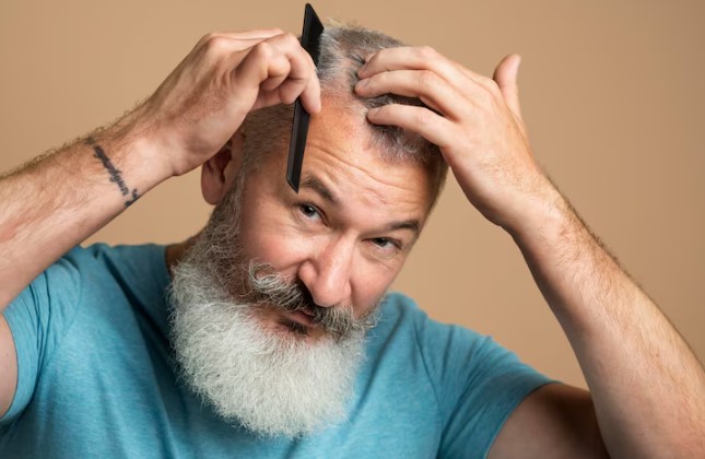 Close up man combing hair after hair transplant at 50