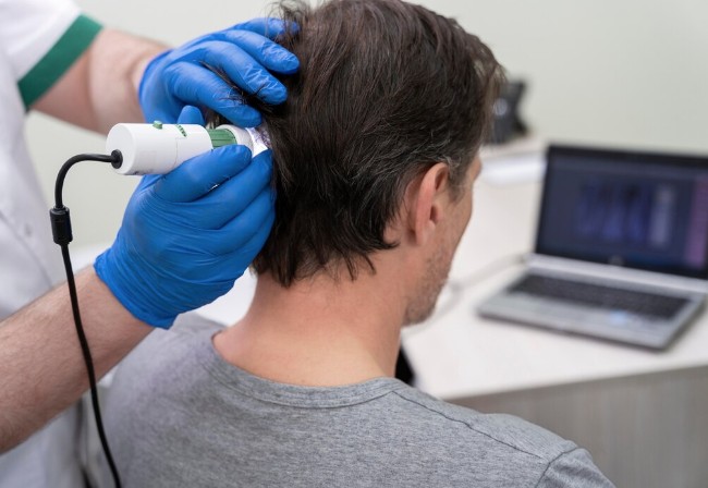 man going through a hair laser therapy in the usa