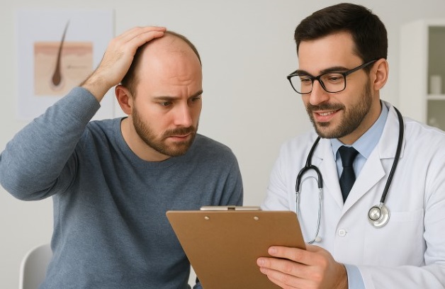 a doctor showing the hair transplant fees to a patient that has hair transplant hurt