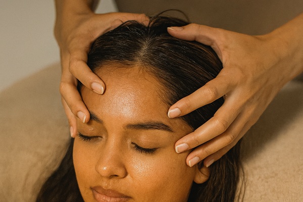Realistic image of two hands gently massaging the scalp in circular motion.