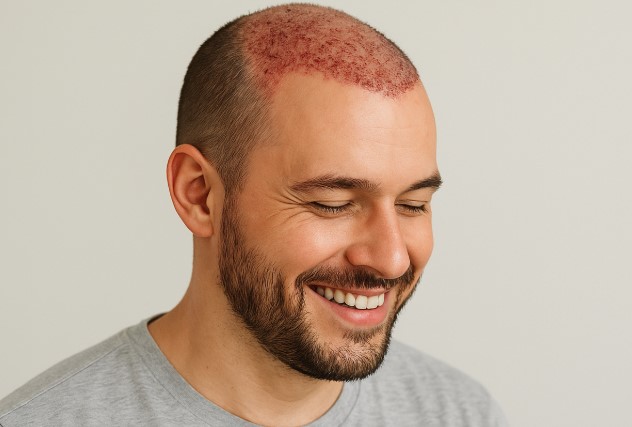 a man after a hair transplat with his head infected but happy for the coming results
