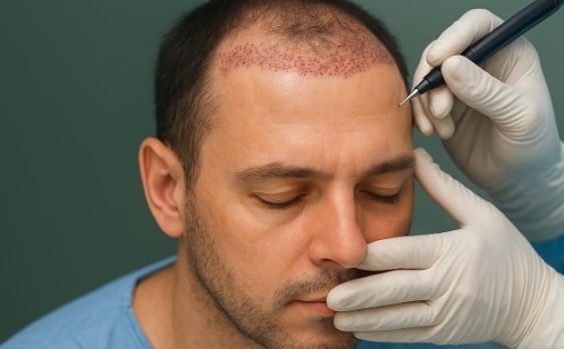 a man going through a hair transplant while his doctor is doing the job