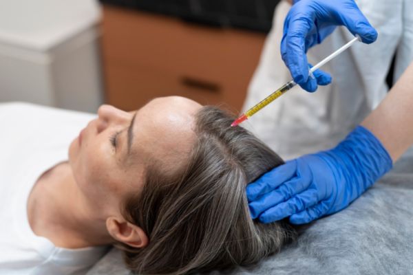 doctor injecting prp into a gray-haired woman