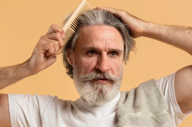 elder man with beard combing his hair after a hair transplant with gray hair