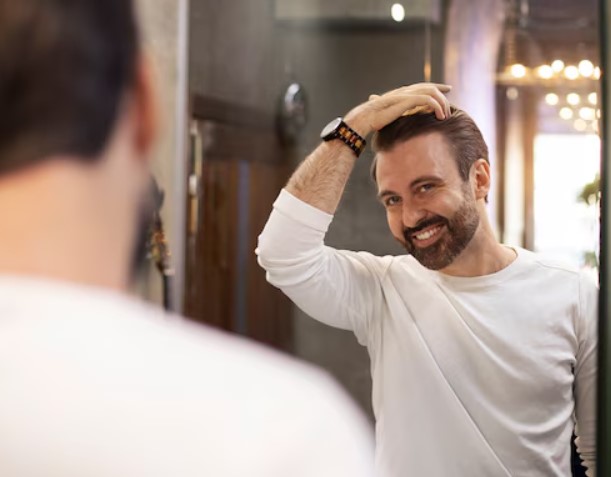 a man looking in the mirror after paying a hair transplant price UK