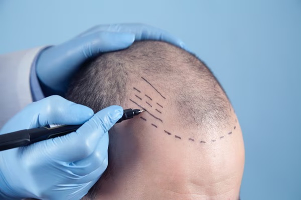 a doctor performing a FUE hair transplant on scalp patient - hair transplant cost in Spain