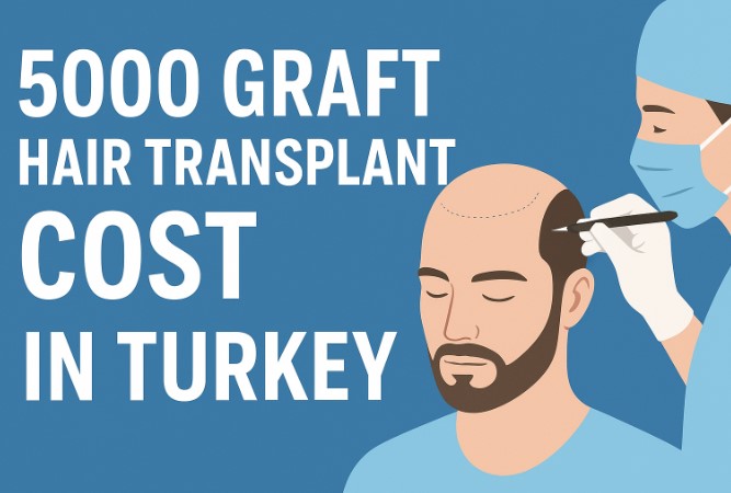 an image that represents 5000 graft hair transplant in Turkey with words and a doctor drawing in the patients scalp