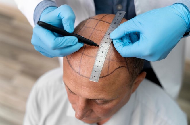 Bold man going through a hair transplantation