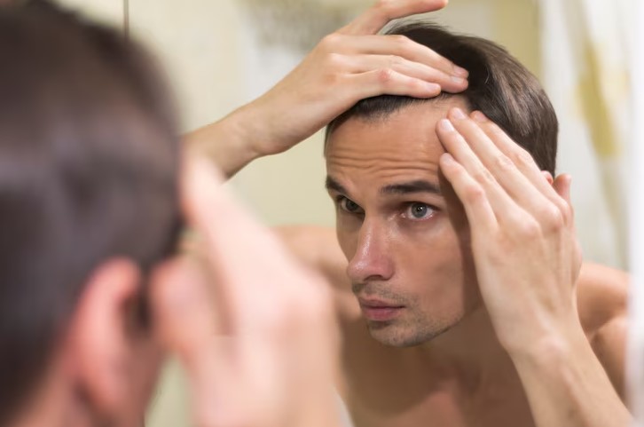 a man looking in a mirror how is his hair transplant before and after