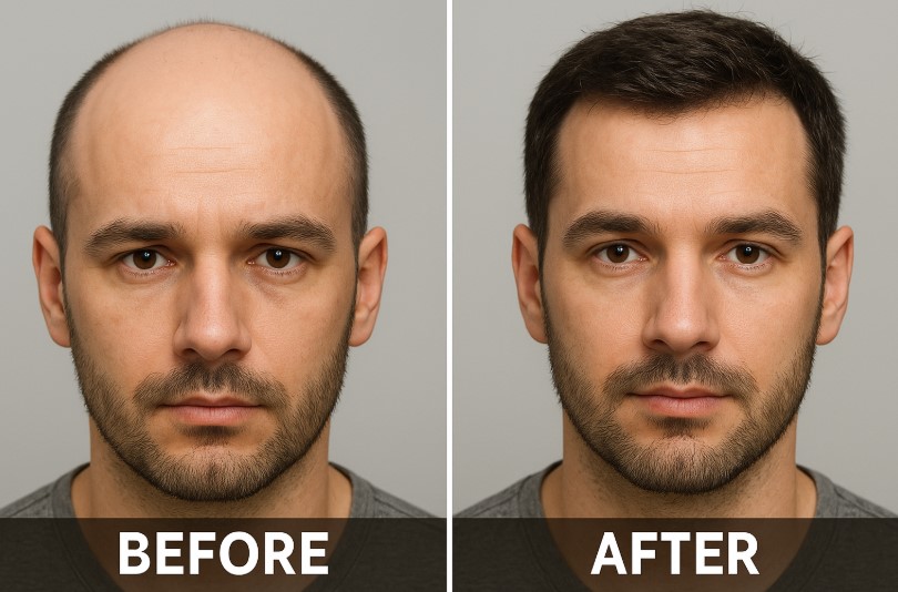 a comparison of a man showing face change after a hair transplant and before