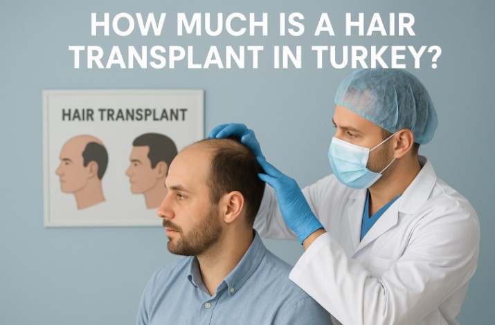 a doctor checking the patient's head and thinking about How much is a hair transplant in Turkey