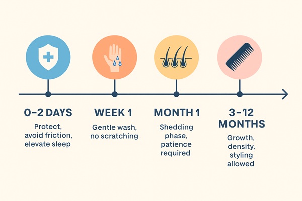 Infographic showing a four-stage timeline for post-hair transplant care: • 0–2 Days – Protect, avoid friction, elevate sleep (shield icon) • Week 1 – Gentle wash, no scratching (hand with water droplets) • Month 1 – Shedding phase, patience required (hair follicles shedding) • 3–12 Months – Growth, density, styling allowed (comb icon) All stages are marked with colored circles along a horizontal dark blue line on a light beige background.