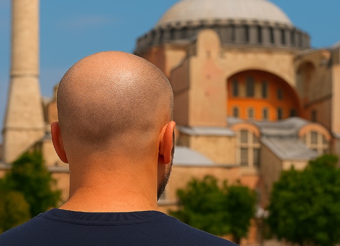 a man on his back with no hair ready for a Hair transplant surgery in Turkey