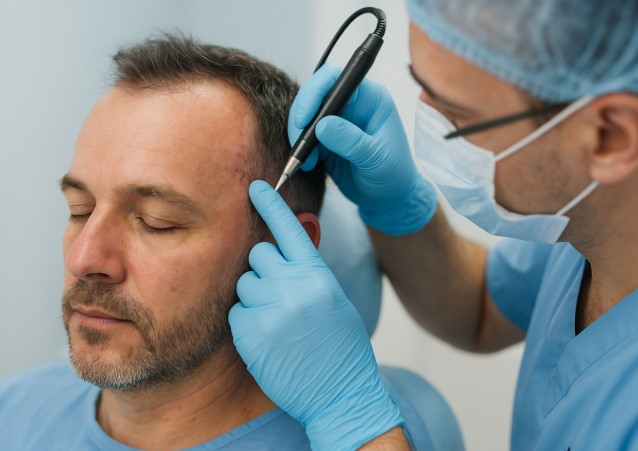 Doctor performing hair transplant for men with FUE method, showing follicular extraction process.