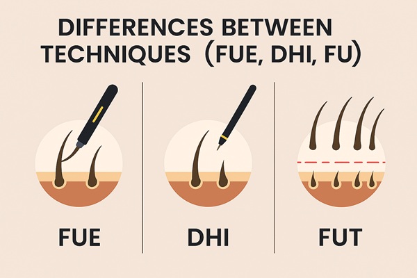 Infographic comparing three hair transplant techniques: FUE, DHI, and FUT. Shows visual differences in follicle extraction and implantation methods using simplified scalp illustrations.
