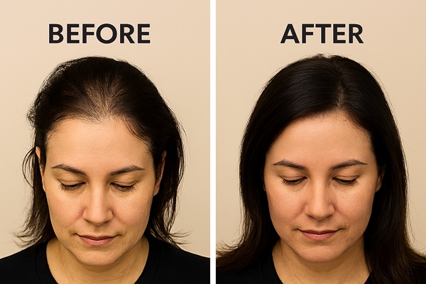 Side-by-side comparison of a woman before and after a hair transplant, showing restored hairline and increased hair density