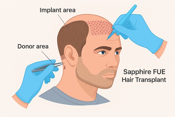 Medical illustration of a Sapphire FUE hair transplant procedure showing a gloved hand implanting hair follicles into the front scalp using a sapphire-tipped pen, while another hand extracts follicles from the donor area at the back of the head.