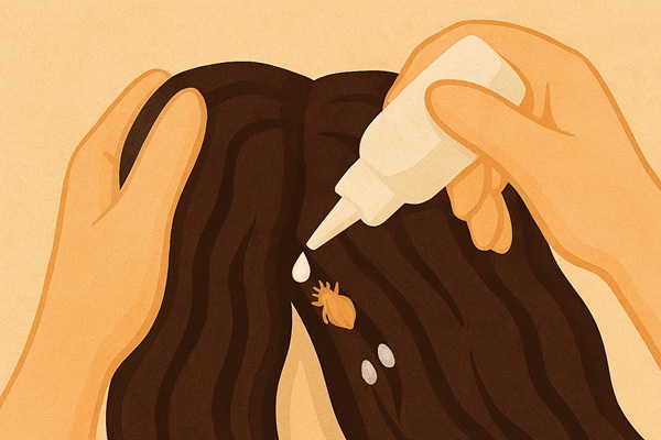 Hands parting hair to reveal lice and nits on the scalp