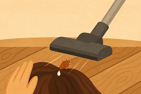 Hands applying a natural solution to hair with visible lice