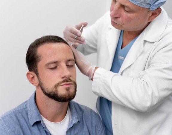 doctor injecting hair in a patient head