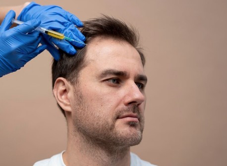 man getting injection for hair transplant